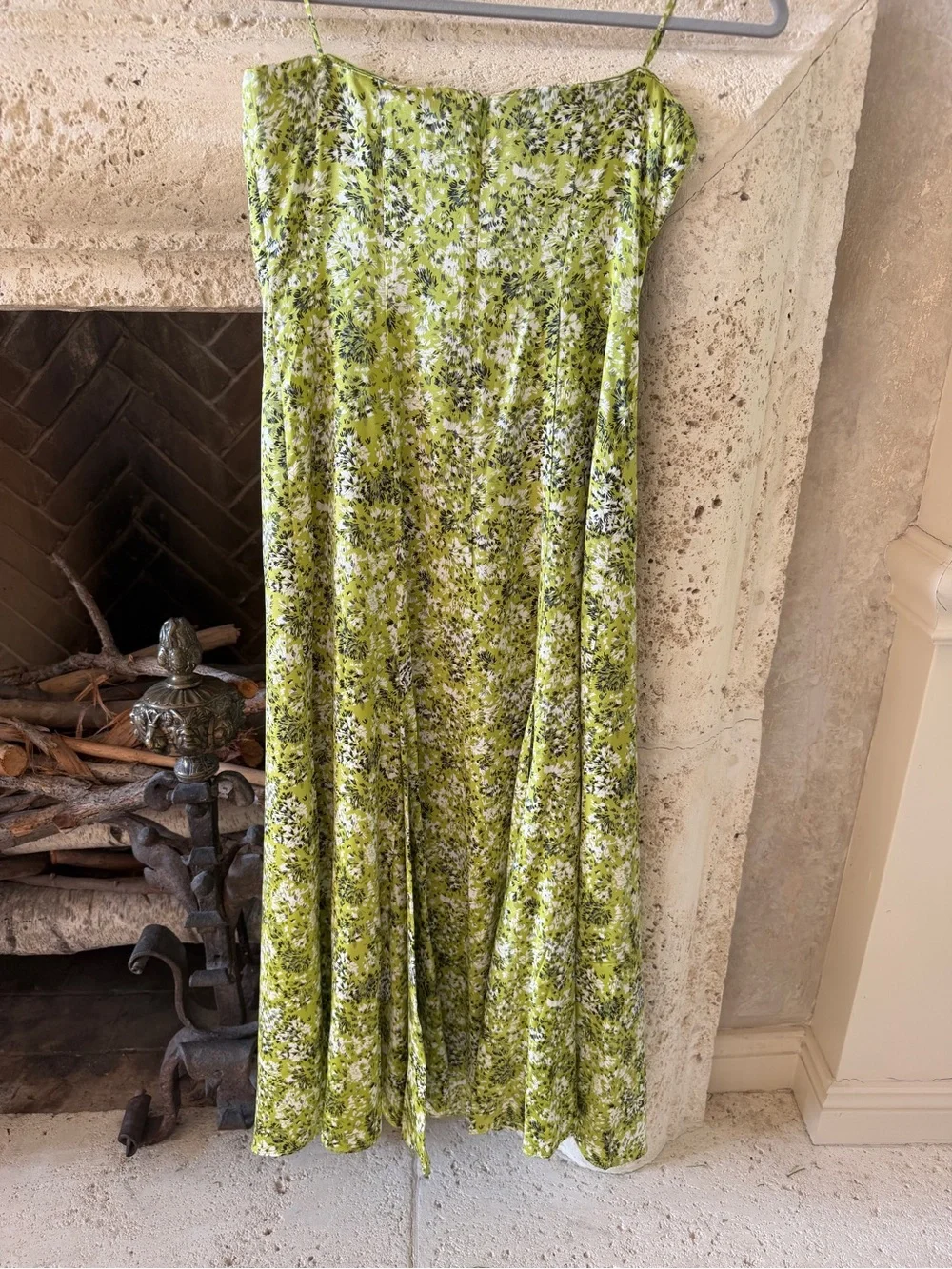 Cinq a Cept Green Silk Floral Dress with Spaghetti Straps